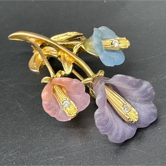 Vintage Floral Brooch Pin Lianna LIA Gold Toned Calla Lily Flower Pink Blue - Picture 5 of 9